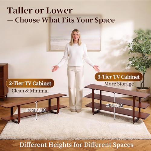Image of Tiita Walnut TV Stand for 65-Inch TVs, 2 Open Shelves, Modern Media Console | Bamboo Construction, Mid Century Style, Open Storage for Electronics and Decor in Living Rooms and Bedrooms
