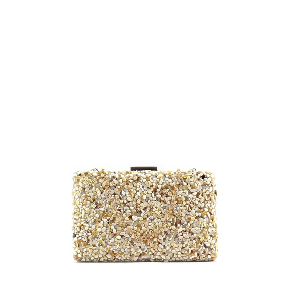 MODELISA Bolso Clutch Piedra Cartera De Mano Fiesta Cadena Hombro Evento Noche Comunion Boda Novia Mujer (Beige)