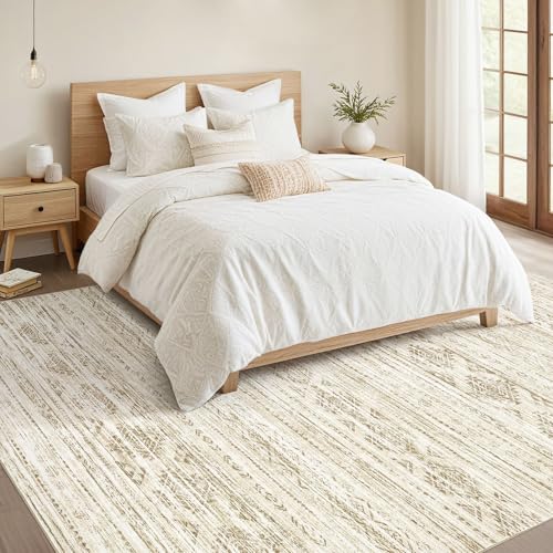 Nakagishi 7X9 Area Rug Living Room: Washable Boho Large Neutral Modern Soft Farmhouse Beige Rugs Stain Resistant Indoor Floor Non-Slip Carpet for Women Home Enthusiasts Aged 25-45 - Bedroom Room Decor