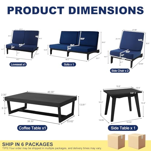 Image of Pia Ricoo 6-Piece Patio Furniture Set, Outdoor Wood Sofa with Loveseat, 2 Chairs, Coffee Table & Side Table, All-Weather Conversation Set for Backyard /Deck /Lawn - Navy /Dark