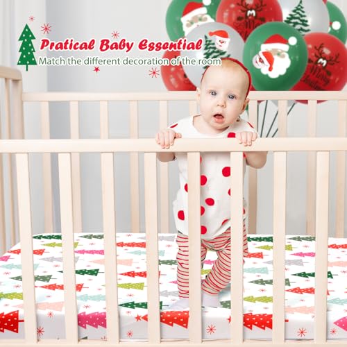 Image of JISEN Christmas Crib Sheet Colorful Tree Fitted Crib Sheet for Boys Girls Crib Mattress Cover Baby Sheet for Standard Crib and Toddler Mattress Soft Breathable Baby Bed Sheet for Neutral 52x28 Inch