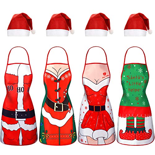 Syhood 8 Pieces Christmas Apron and Santa Hat Set Christmas Party Costume Funny Santa Claus Cosplay Character Costume Kit Include 4 Pieces Xmas Cooking Aprons 4 Pieces Red Santa Hats