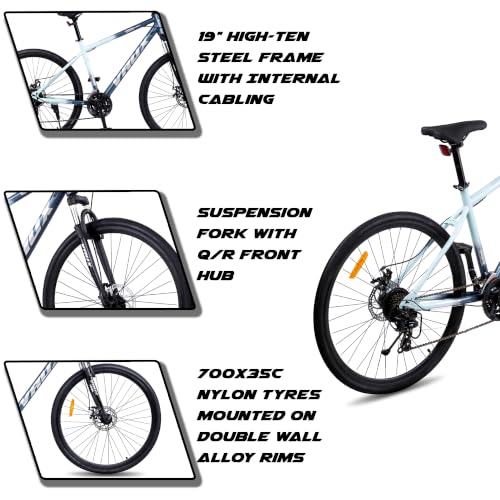 Image of Vaux City-Pro Hybrid Cycle for Adults with 21 Speed Shimano Gears| 19 Inch HI-Ten Steel Frame| Dual Disc Brakes| 700x35C Tyres|Double-Wall Alloy Rims(Nardo-Grey, Multispeed, Suspension Fork)