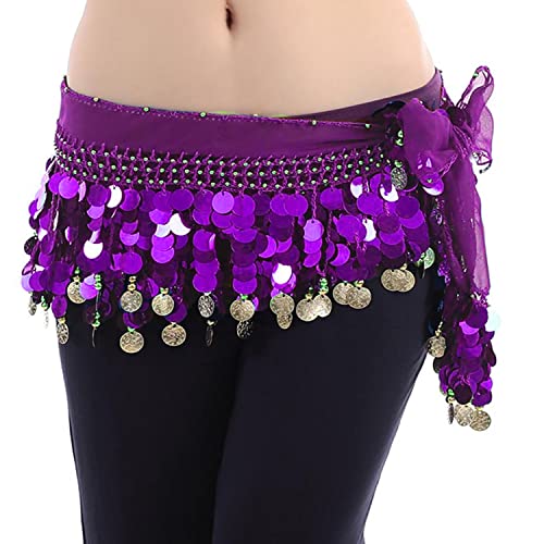 Image of VRITRAZ Women's Chiffon Belly Dance Hip Scarf Waistband Belt Skirt Mixed Colors Beads And Golded Coins 56 Black