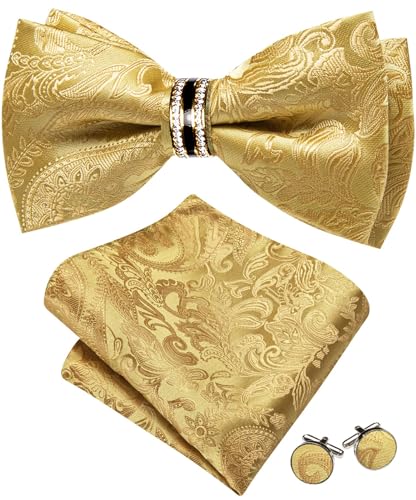 Image of YOHOWA Mens Bow Tie Set Paisley Pre-tied Bowties Adjustable with Handkerchief Cufflinks Gold Ring Set Wedding Prom Party