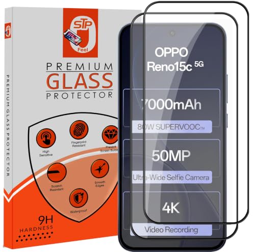 Image of STP FEEL Premium HD+ Tempered Glass Screen Protector Guard Compatible For Oppo Reno 15C 5G (6.59 Inch, Pack of 2) | Edge to Edge Coverage With Easy to installation kit for Smartphone