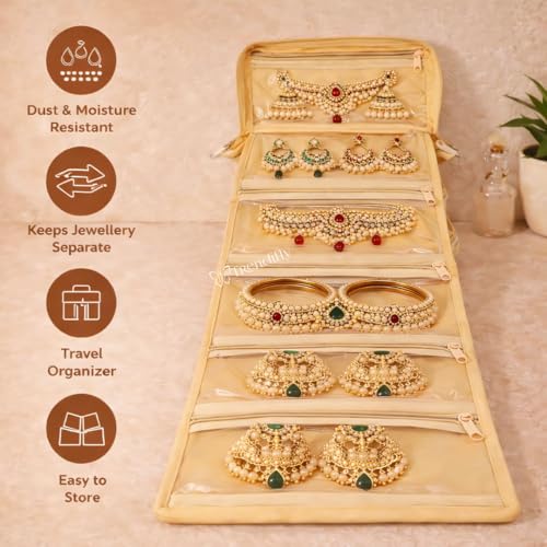 Image of Trendifly Embroidery Sling Jewellery Organiser Storage Bag Pouch for Women & Girls | Bank Locker Jewelry Organizer | Earring Necklace Bangles Organiser for Travel & Gifting (Cream)