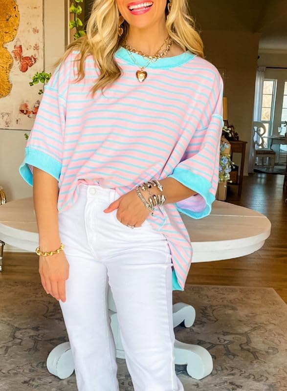 Image of SHEWIN Womens Tops Casual Short Sleeve Sweatshirt Crewneck Striped Shirt Pullover T Shirts Loose Blouses