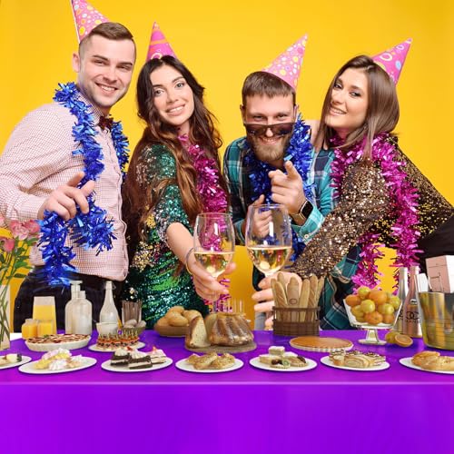 Image of 4 Pack Plastic Tablecloths Disposable Tablet Cover Purple 54 x 108 In | Foil Glitter Table Cloth for Rectangle Tables Indoor / Outdoor Party Decorations Birthday Princess Bridal Wedding Christmas