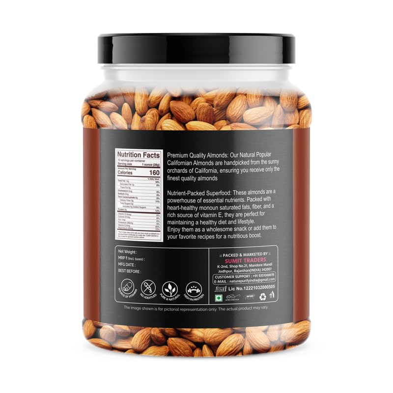 Image of Nature Purify Premium Almonds 900gm - Whole California Almond Nuts, Perfect for Snacking, Baking & Cooking | Natural Badam Giri | Resealable Jar Pack For Gifting