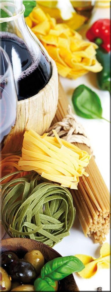Glasbild Küche 30x80 cm Küchenbild modern: Pasta mit Oliven mediterran AG9405A – Wandbild Küche Hochformat schmal, Küchendeko gelb grün italienisch