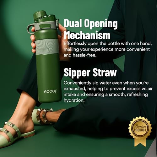 Image of ecoop Super Sipper Insulated Water Bottle | 316L Stainless Steel | 18Hrs Hot & Cold | Dual-Lid Sipper | Leak-Proof | BPA Free | for Travel, Gym, Office