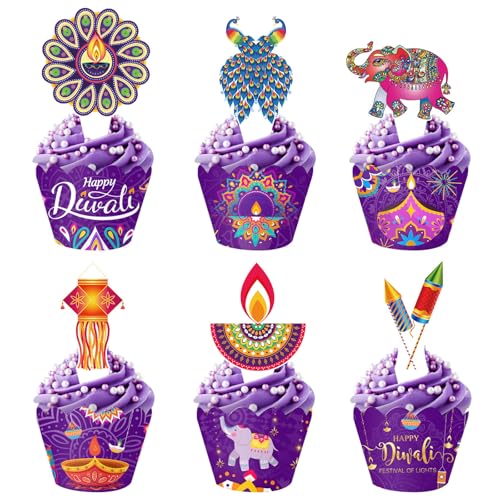 12 Pcs Diwali Cupcake Toppers & Wrappers Set, Purple