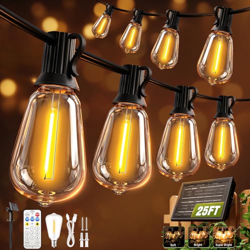 Skoiuc Solar String Lights Outdoor Waterproof with Remote & Timer, LED Shatterproof ST38 Bulbs, USB & Solar Powered Patio Lights for Backyard, Porch, Garden, Wedding, Christmas Decor (25FT)