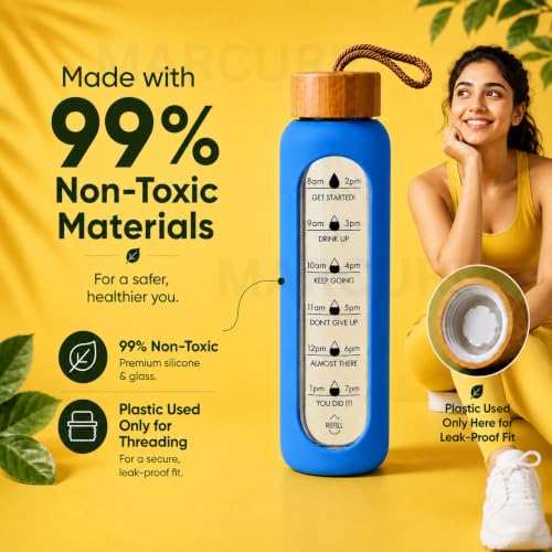 Image of Borosilicate Glass Water Bottle with Silicone Sleeve | Natural Bamboo lid | perfect for Home, Fridge, Office, Gym, Travel | BPA Free | Blue
