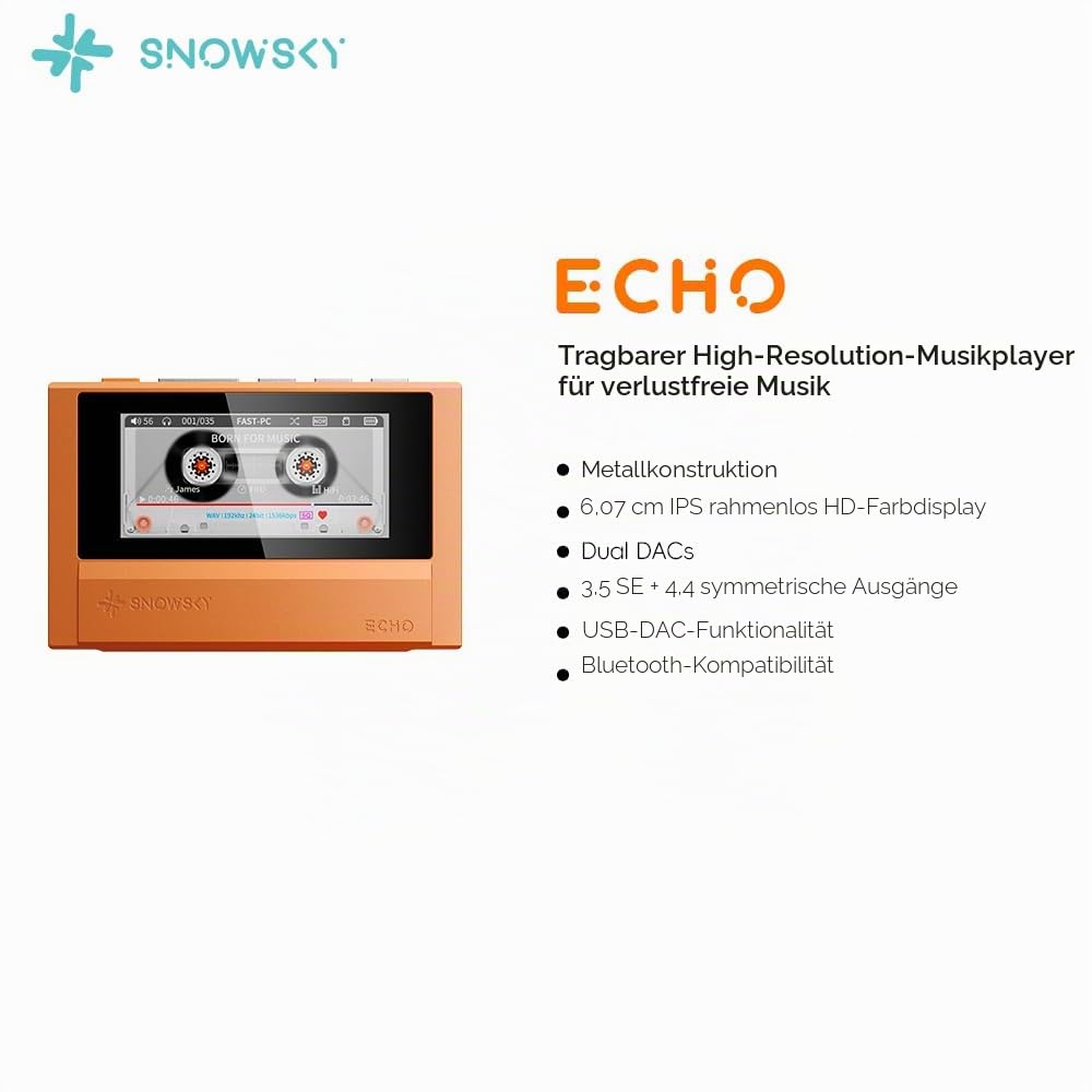 FiiO Echo Retro Hi-Res Digitaler Audio-Player, Dual-DAC-Bluetooth-Musik-Player, 4,4 mm symmetrischer Ausgang, Farbbildschirm, tragbarer DAP (schwarz)