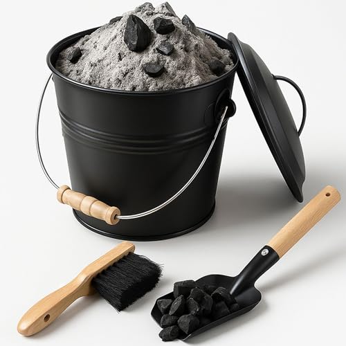 Wacloud Kit seau à cendres avec couvercle, pelle et brosse – Cendrier de cheminée en métal pour poêles à bois, foyers et barbecue – Poignée en bois facile à...