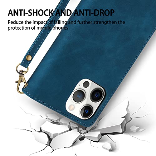Zzxx Iphone 14 Pro Case Wallet With [Rfid Blocking] Card Slot Premium Soft Pu Leather Zipper Flip Folio With Wrist Strap Kickstand Protective Cover For Iphone 14 Pro Wallet Case(Blue-6.1 Inch) #TOP6