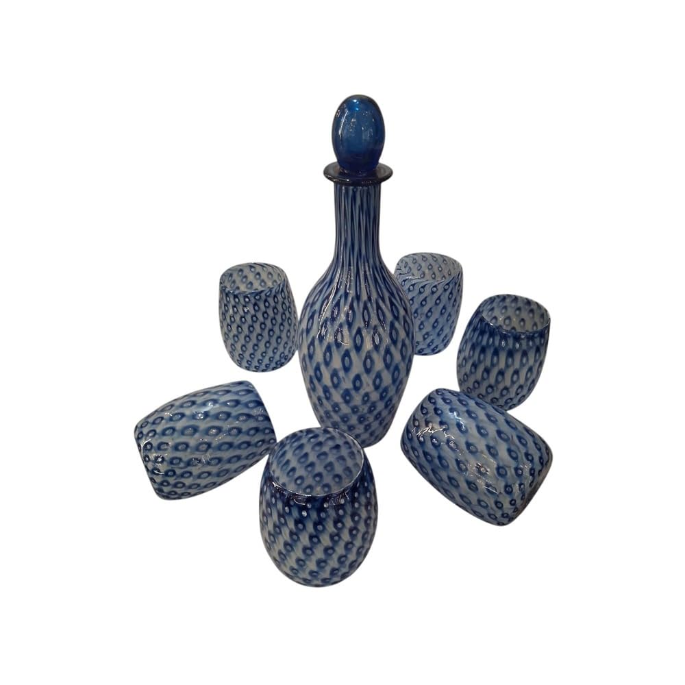 VETRERIA COLLEONI Original Murano Glass: Set Caraffa 800ml e Bicchieri Acqua 270ml, Vetro Soffiato a Mano, Tecnica Baloton Blu e Bianco, Design Unico Luxury