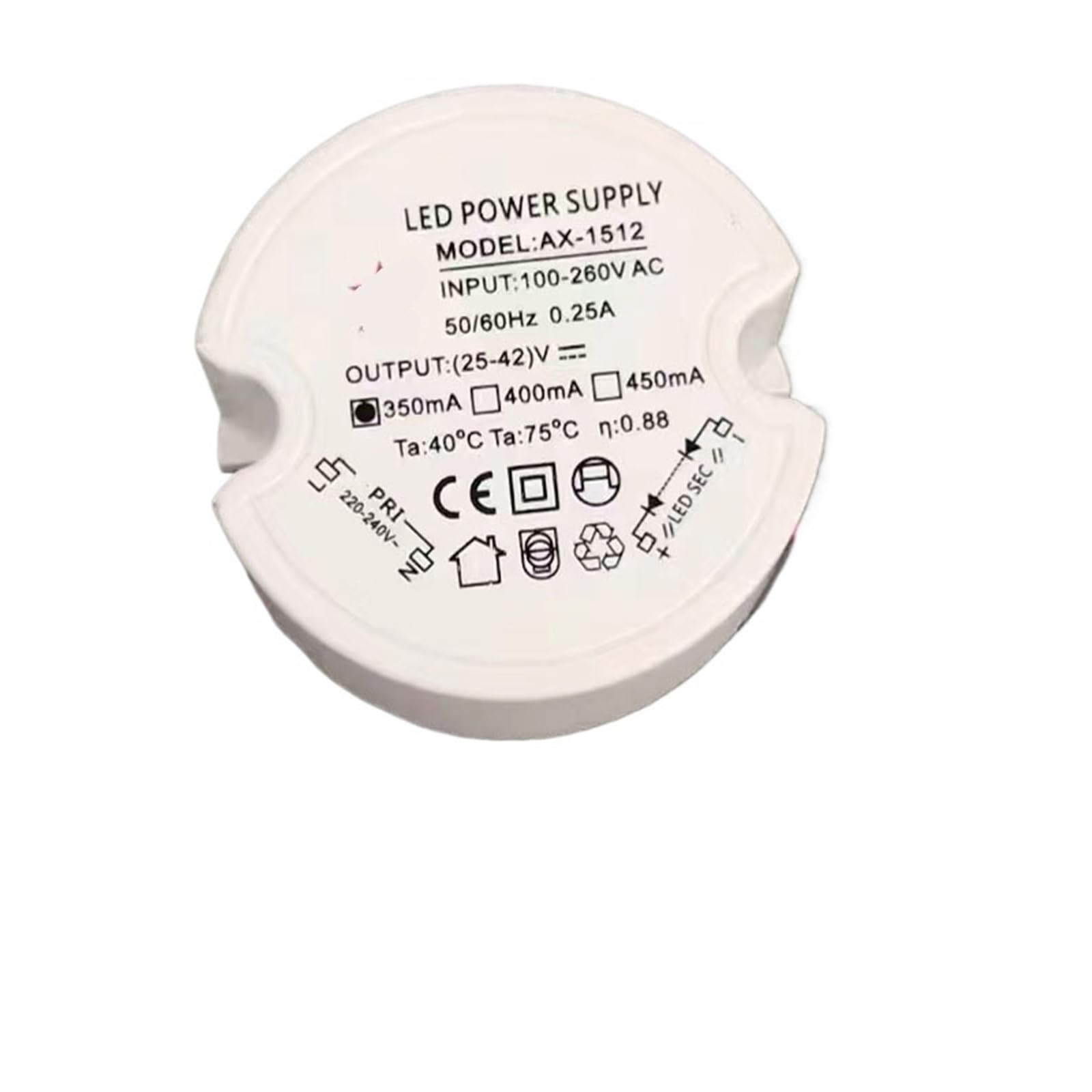 Okrągły zasilacz LED ze stałym prądem, transformator do reflektora szynowego, statecznik 12 W, 24 W i 18 W (15 W/25-42 V/350 mA rozmiar 50 x 23 mm)