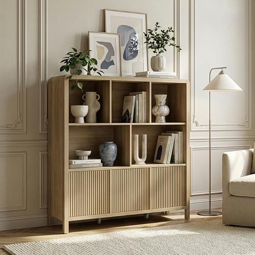 [en.casa] Buffet Haut avec 6 Compartiments 2 Grandes Niches 3 Portes avec Système Push-to-Open MDF 102 x 98 x 30 cm Effet Chêne Moyen Clair