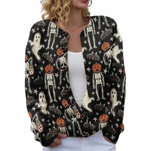 Halloween Sweaters for Women Spooky Season Funny Ghost Skeleton Pumpkin Fall Winter Long Sleeve Button Knit Cardigan