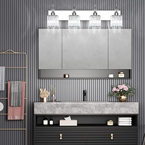 Image of Ralbay Chrome Crystal Vanity Light 4-Lights 31.5'' Modern Bathroom Wall Lighting Over Mirror