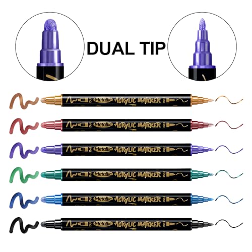 Image of TRANSON 12Colors Metallic Paint Markers Bold and Fine Dual-tip for Rock Wood Ceramic Canvas DIY Painting Drawing