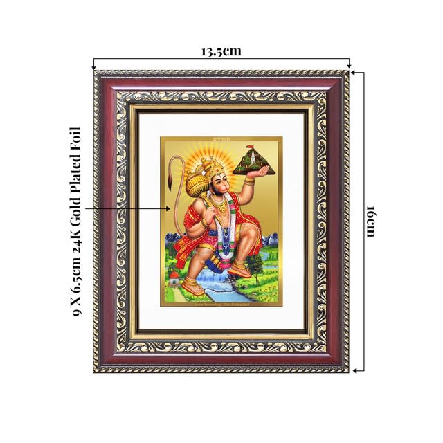 Image of DIVINITI Hanuman Carrying Sanjeevani Mountain 24K Gold Plated Foil Wall and Tabletop Photo Frame for Home Decor, Puja Room, Luxury Gifting | DG Frame 105 S1 (16x13.5 CM)