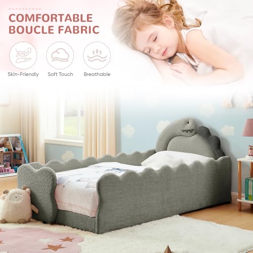 Image of Twin Size Kids Bed with Dinosaur Headboard, Upholstered Boucle Fabric Twin Daybed with Slats Support & Side Pocket, Space-Saving Wooden Corner Sofa Couch Day Bed Frame for Girl, Boy, Teenager(Grey)