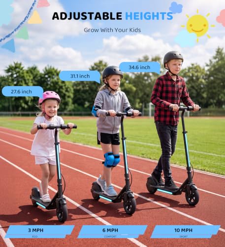 Image of Electric Scooter for Kids Ages 6-12, 150W Motor,10 Mph Max Speed, LED Display, K2-2 Speeds (6 /10 MPH), K2 Pro /K6-3 Speeds, Magnetic Charging, Colorful Light, Dual Brake Scooter for Girls Boys