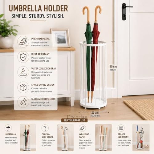 Image of Decorlay Wrought Iron Umbrella Stand Rack,Free Standing Umbrella Holder For Canes,Walking Sticks Rustproof And Easy To Clean,Home,Office|Color-White,24 Cm,54 Cm,24 Cm