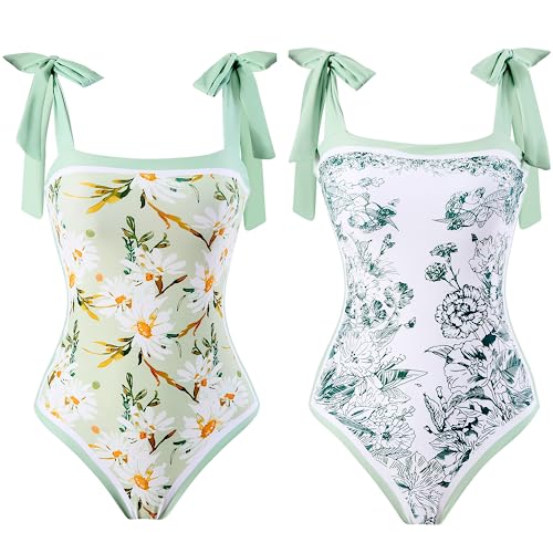 Meyeeka Floral One Piece Swimsuits Tummy Control Reversible Bathing Suit Womens Tie-Shoulder Monokini Green M #TOP5