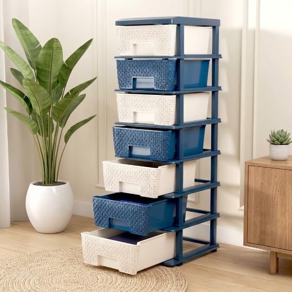 Image of Plastic Modular Drawer Storage Chest Of Drawers Organizer Storage Box, Large Stomo Racks For Multipurpose Anti-slip Shoes Organizers (White & Blue, 7 Layer)