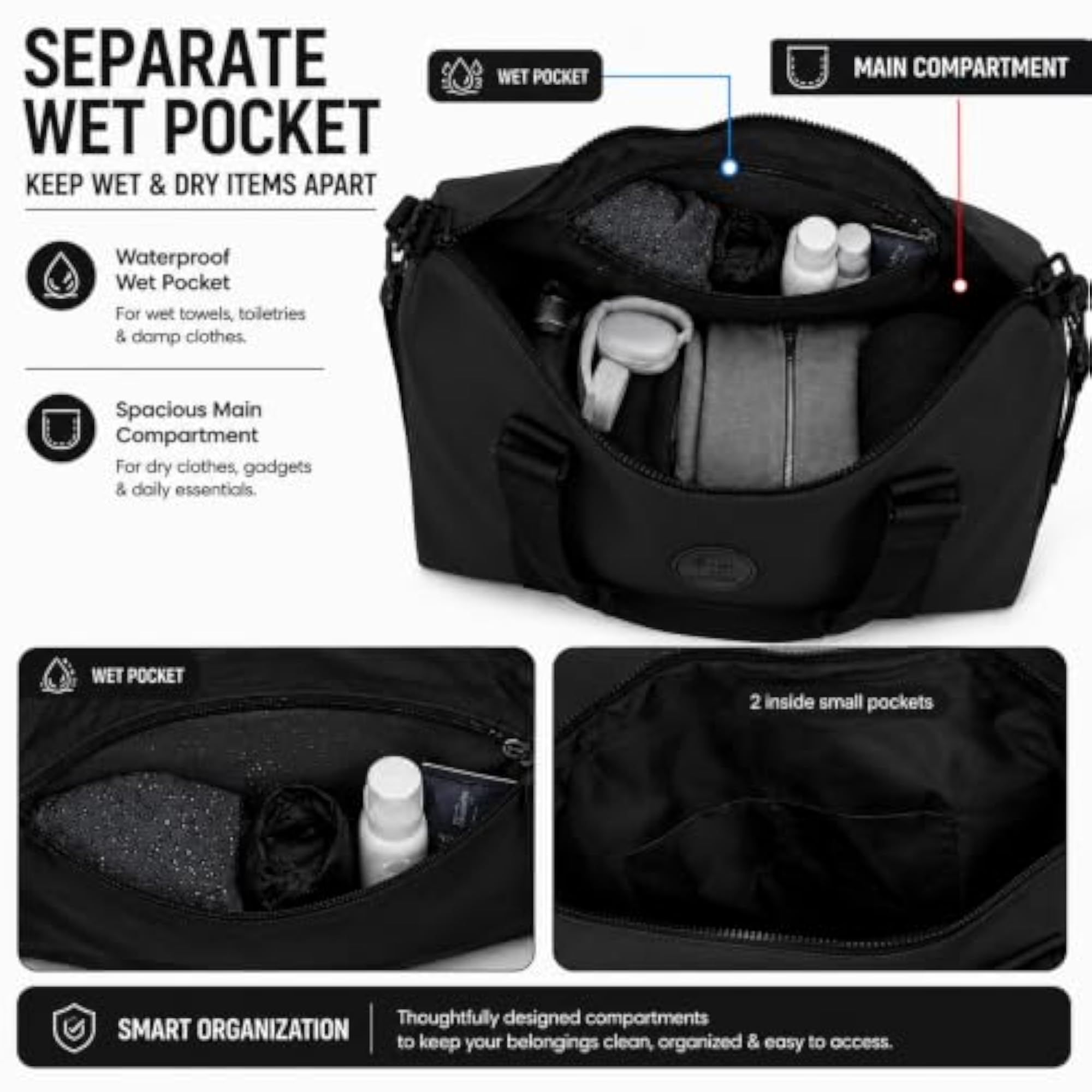 Travel Duffel Bag Black, 42x33x14 Cm