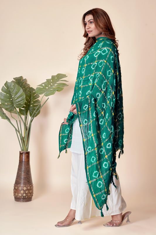 Image of Women Bandhani Dupatta | Traditional Chunri Print with Decorative Border | Lightweight Ethnic Stole for Festive and Wedding Wear