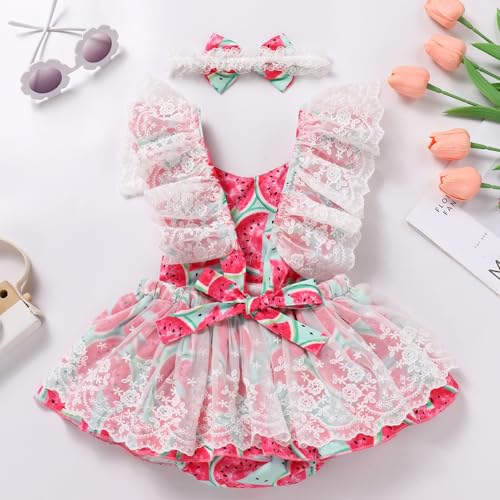 ODASDO Baby Girls Floral Lace Strawberry/Watermelon/Ice Cream Print Ruffle Romper Dress with Bowknot Headband Set3
