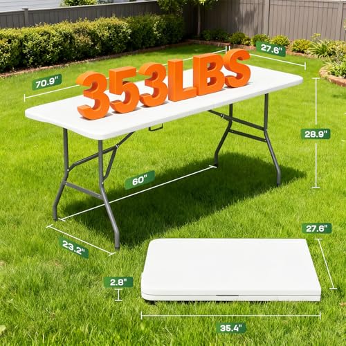 Image of FDW 6 FT Folding Table, Portable Plastic Table with Carrying Handle Perfect for Indoor, Outdoor, Party, Dining, Wedding, Events, Camping, White