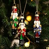 Amanman Hand-Blown Nutcracker Christmas Ornaments Set of 3 - H9.6cm Glass Soldiers with Hand Painted Details (Green, Red, Blue)