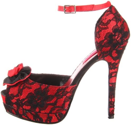 Pleaser Women's Bella-17/RSA-BLO Open-Toe Pump,Red Satin/Black Lace,6 M US | Image 6