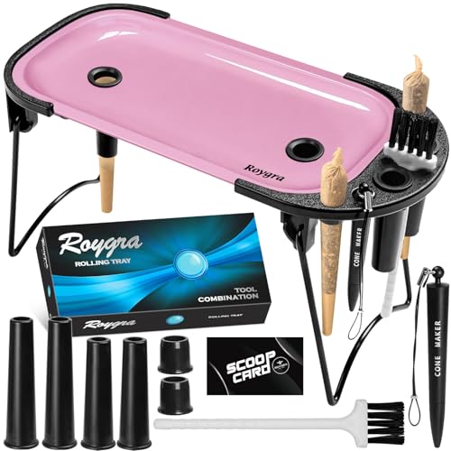 roygra Foldable Rolling Tray Set with Cone Loader Cone Filler Roller - Pre Roll Machine Metal Rolling Machines for King Size 1-1/4 Size or 70mm Cones Smoking Accessories 9 x 4 inch - Pink