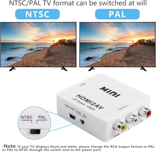 Image of Mini HDMI to AV Converter, 1080P HDMI to RCA CVBS Adapter with USB Power Cable, Video Audio Converter for TV, Projector, DVD, Set Top Box (White)