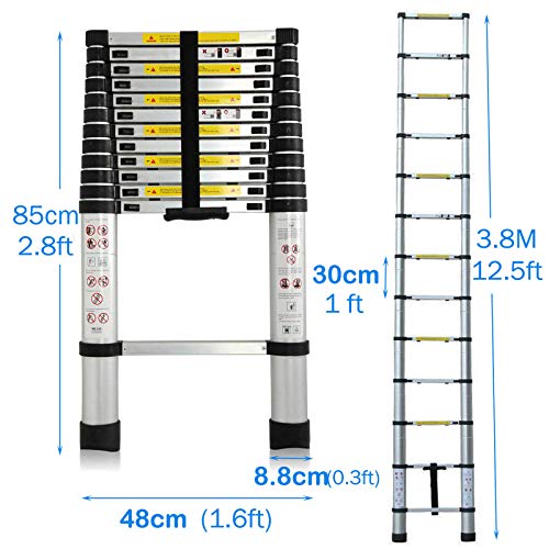 Bowoshen Telescoping Ladder 12.5ft Aluminum Telescopic Extension Multi Purpose Steps Non-Slip 330 lbs Capacity for Indoor Outdoor Work