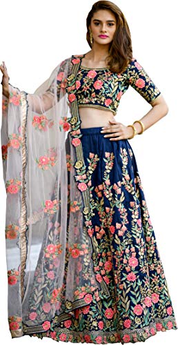 Divine International Trading Co Women's Bridal Dulhan Collection Indian Wedding Silk Lehenga Choli with Dupatta (Navy Blue, Free Size)
