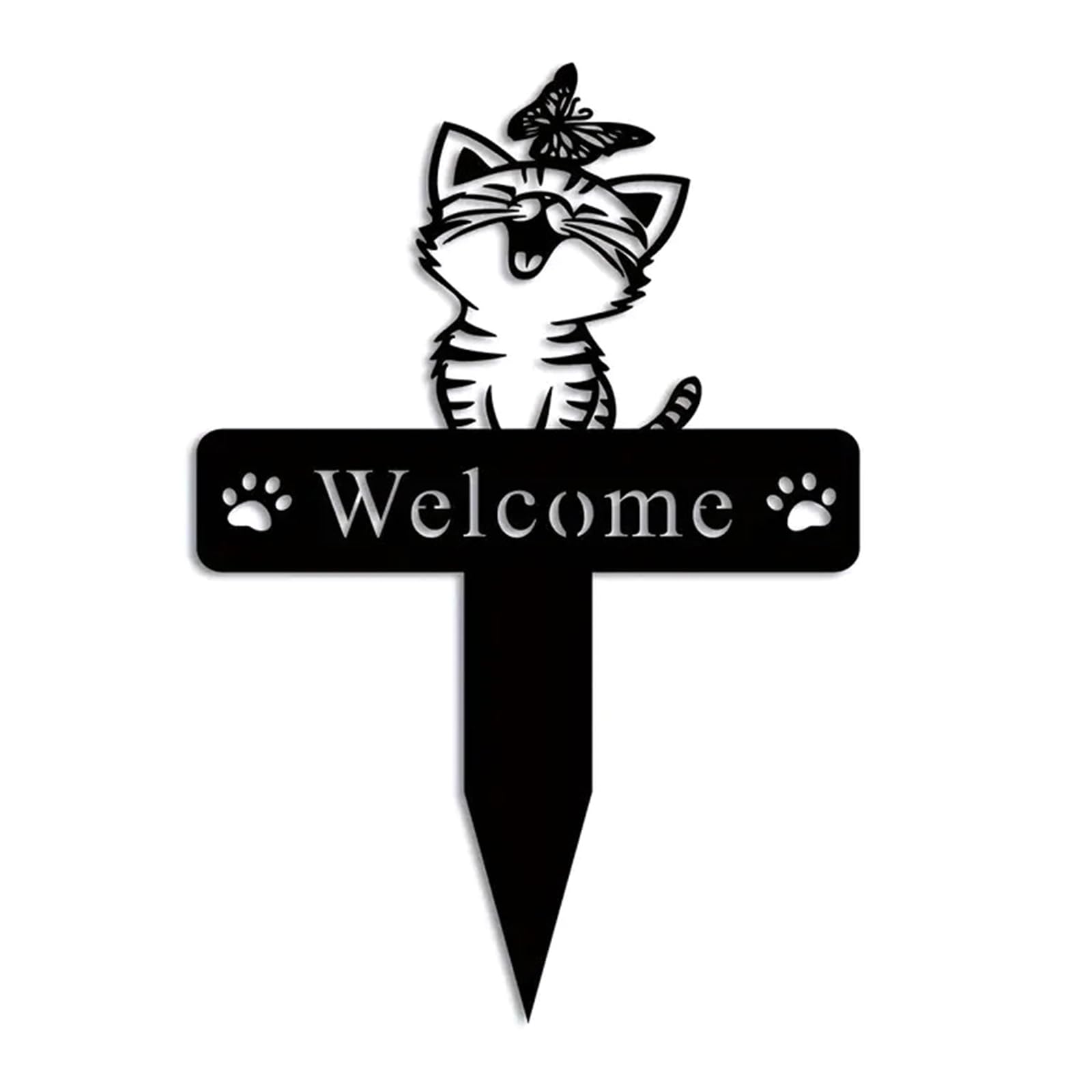 CUNZJIA Outdoor Garden Iron Art Cat Welcome Decoration Stake for Yard and Pathway Entrance Cat Themed Garden Ornament