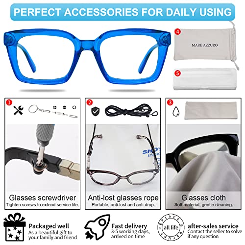 MARE AZZURO Oversized Reading Glasses Women Retro Square Readers 100 125 150 175 200 225 250 275 300 350 (Clear-blue, 3.0)