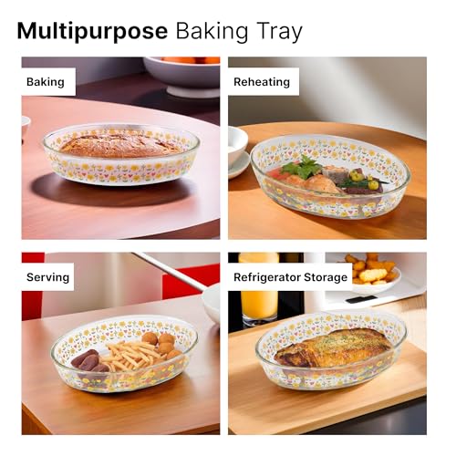 Image of The Better Home Zeno Oval (2.4 L) Borosilicate Glass Baking Tray For Microwave Oven | Baking Dish | Baking Pan | Bake & Serve Dish | Bakeware | Glass Bowl For Microwave | Dishwasher Safe (Printed)
