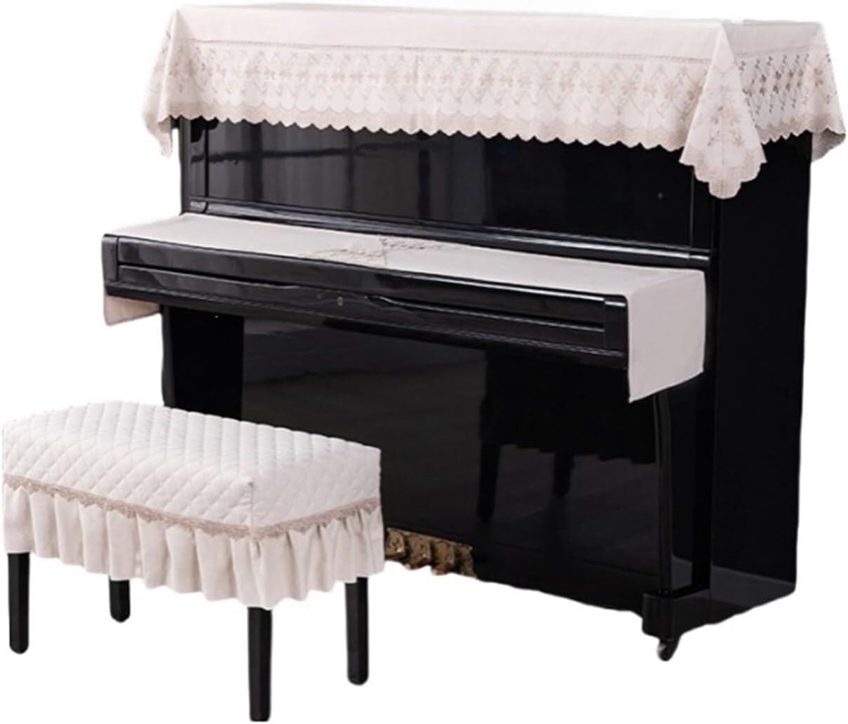 Copertura for pianoforte con bordi in pizzo for pianoforti verticali e digitali, protezione antipolvere in jacquard, copritastiera incluso(Beige,S)