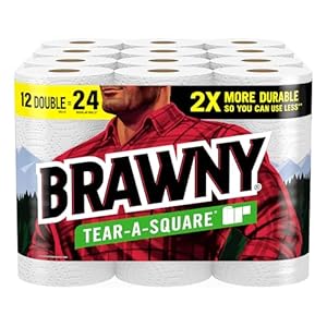 Brawny Tear-A-Sq. Paper Towels, 12 Double Rolls = 24 Common Rolls, 3 Sheet Sizes (Quarter, Half, Full), Power for All Messes, Cleanups, and Meal Prep