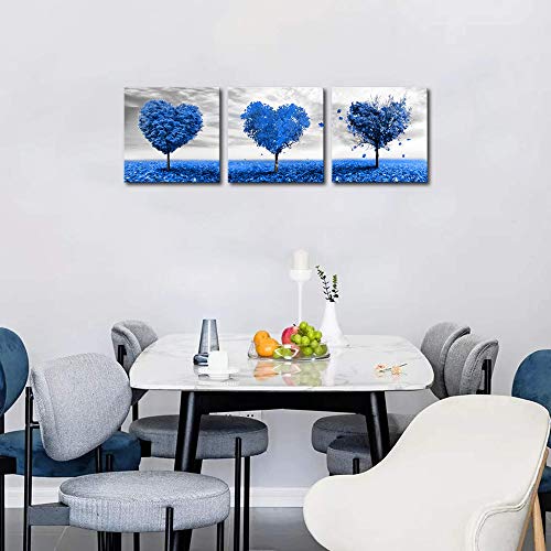 Artsbay 3 Panel Heart Shaped Tree Canvas Painting Blue Romantic Love Tree Picture Print Black And White Horizon Wall Art Gallery Wrapped Artwork Home Decor Framed For Living Room Kitchen Decoration #TOP1